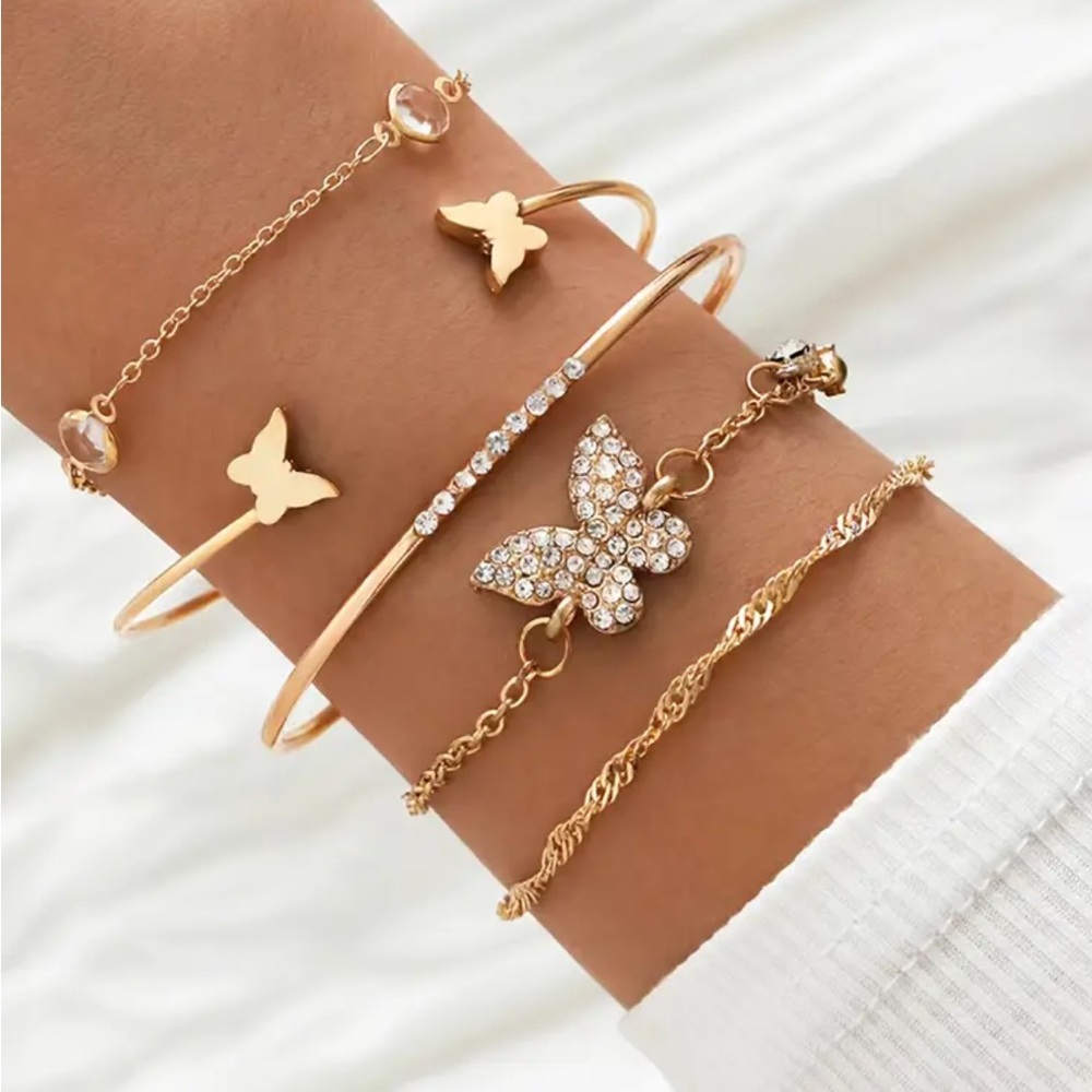 Gold Butterfly Crystal Multi-Row Bracelet Set - Women